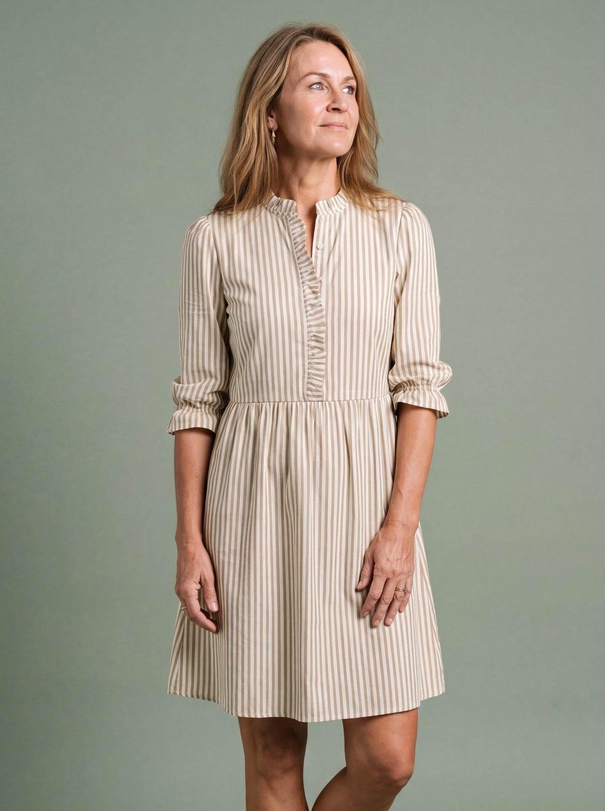 Melba Lane - olive striped A-line shirt dress with buttons, full length, AU women's sizes