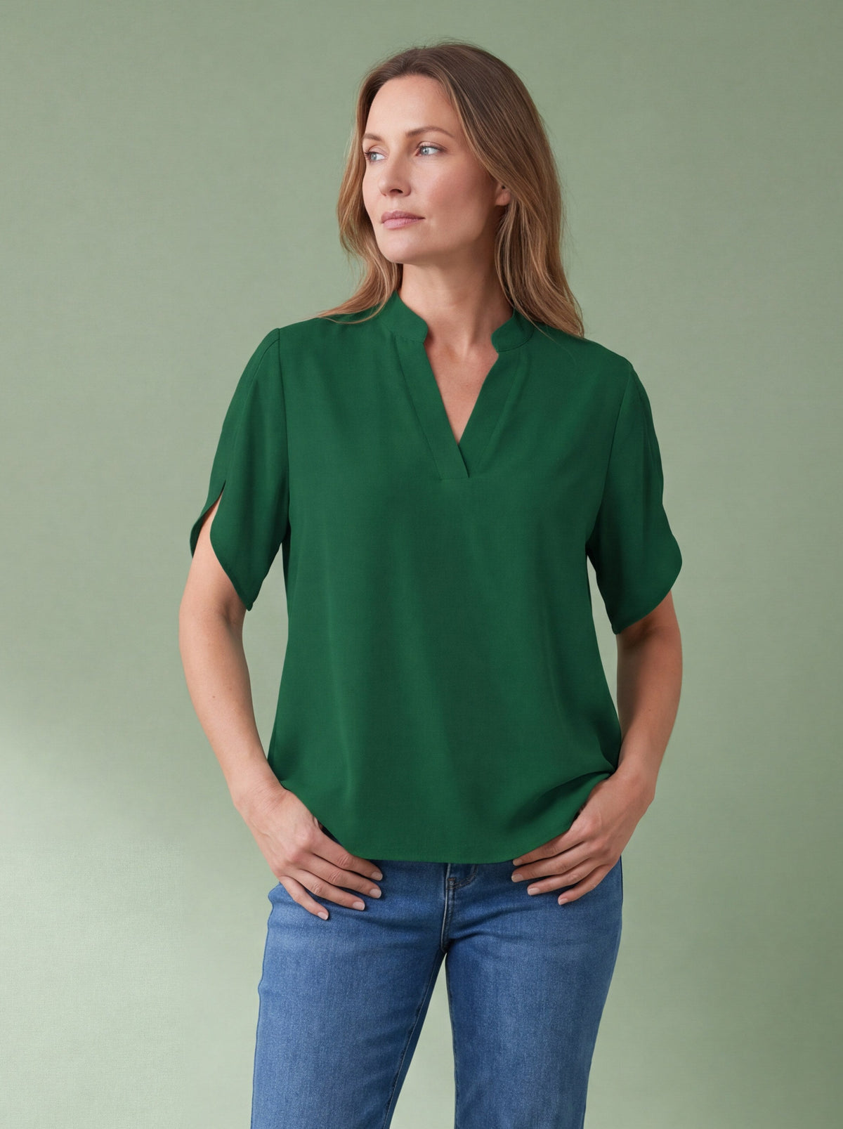 Melba Lane - green split neck flutter sleeve top, full length studio view, AU women's sizes