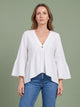 Melba Lane - white bell sleeve V neck blouse, full length studio view, AU women's sizes