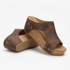 Margo & Main - brown studded cork wedge slide sandals angled pair, US women's sizes