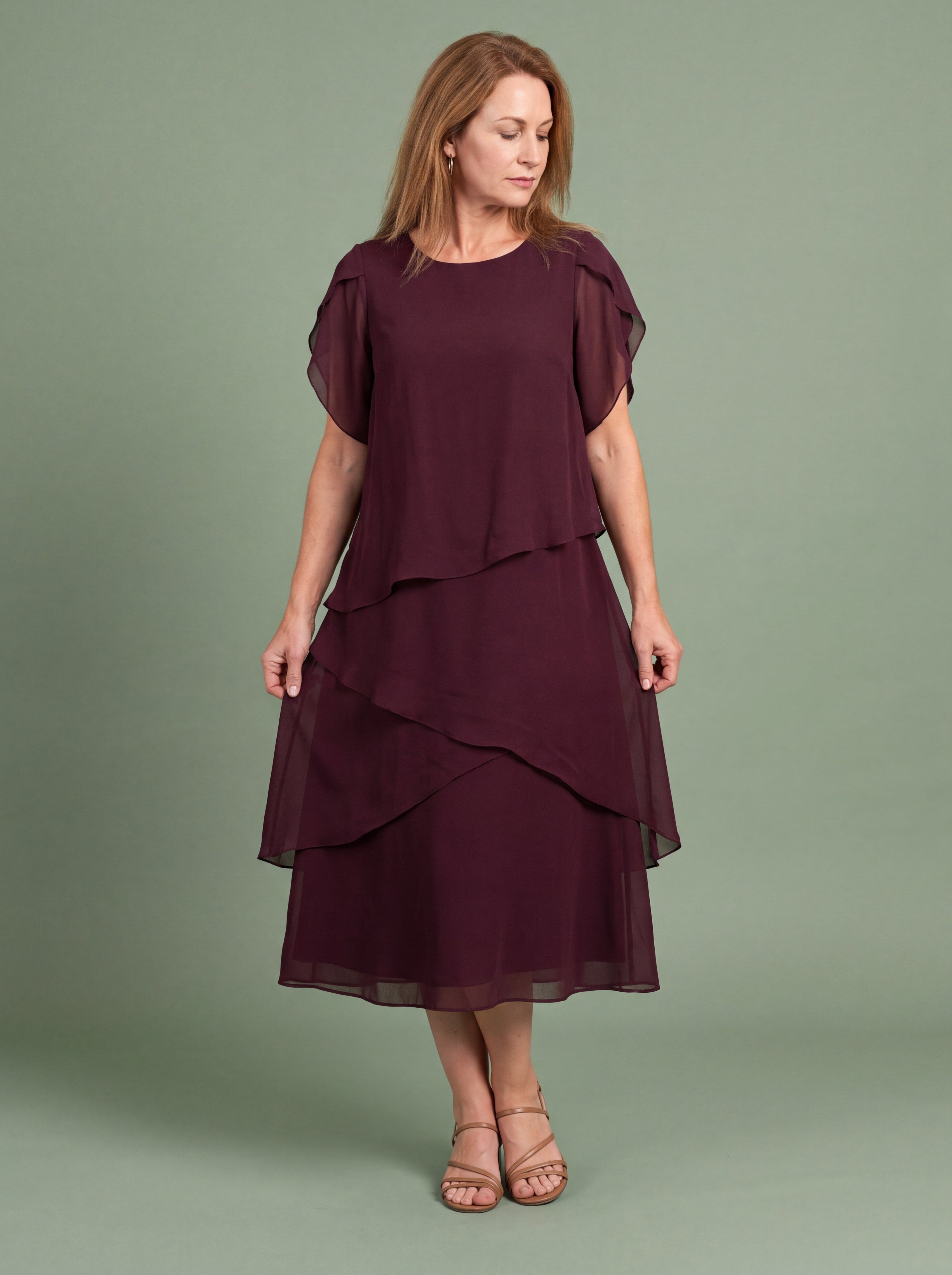 Melba Lane - burgundy layered tier midi dress with short sleeves, full length, AU women's sizes