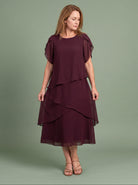 Melba Lane - burgundy layered tier midi dress with short sleeves, full length, AU women's sizes