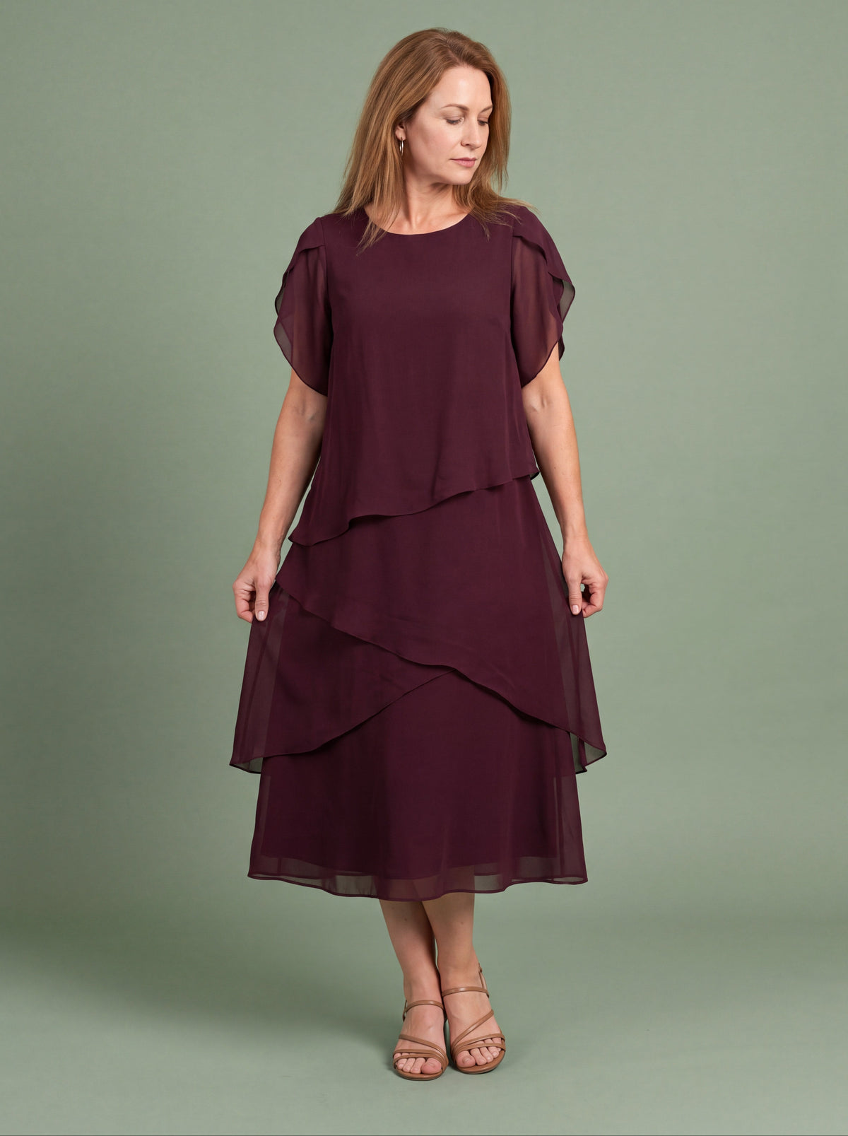 Melba Lane - burgundy layered tier midi dress with short sleeves, full length, AU women's sizes