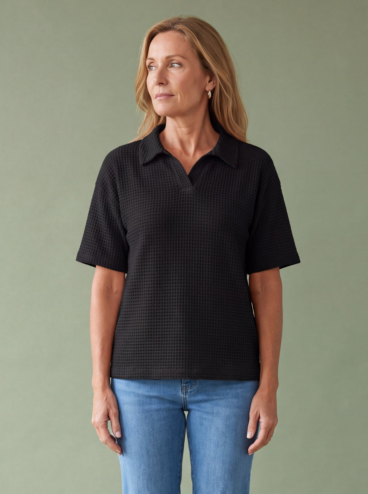 Melba Lane - black waffle knit polo top with collar, full length view, AU women's sizes