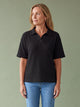 Melba Lane - black waffle knit polo top with collar, full length view, AU women's sizes