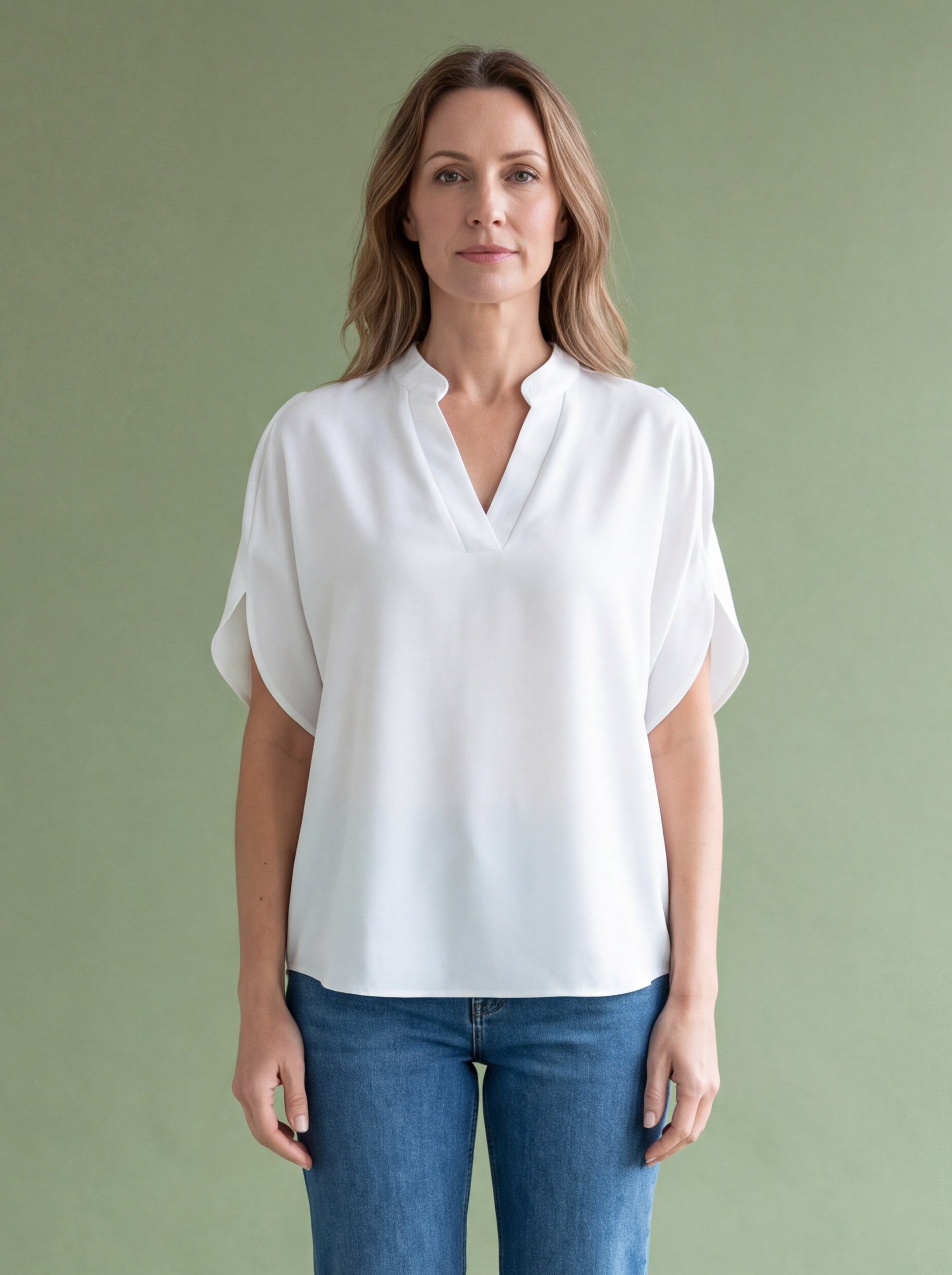 Melba Lane - white split neck flutter sleeve top, full length studio view, AU women's sizes