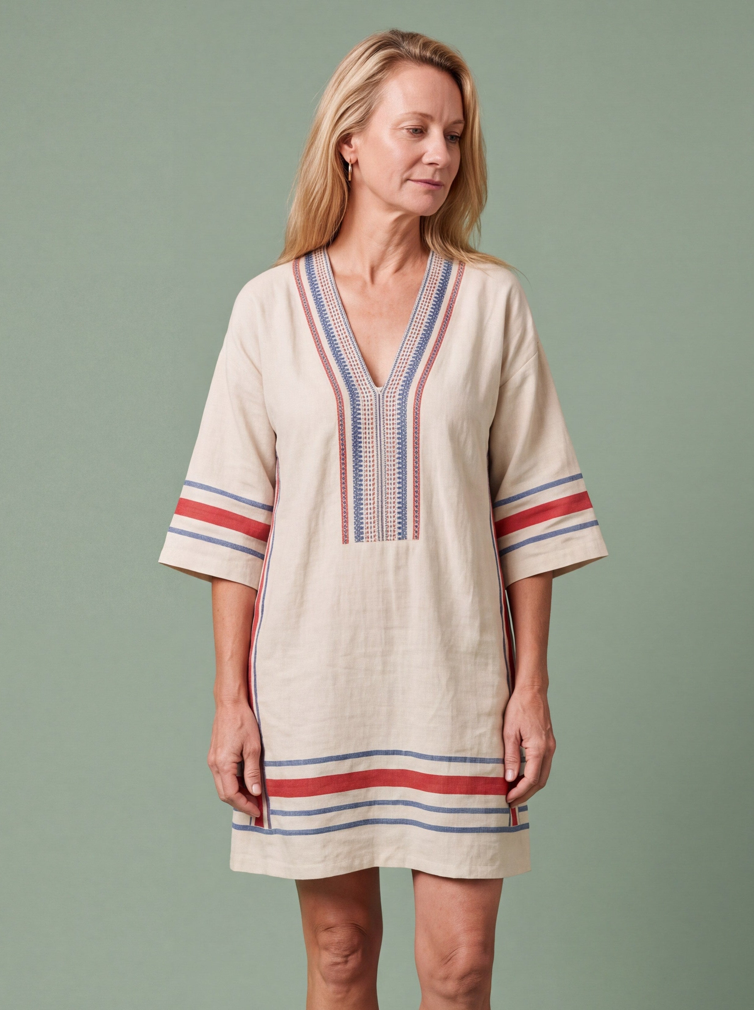 Melba Lane - tan woven tunic beach dress with embroidered trim, full length, AU women's sizes