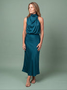 Melba Lane - blue draped neck satin midi dress, full length studio view, AU women's sizes