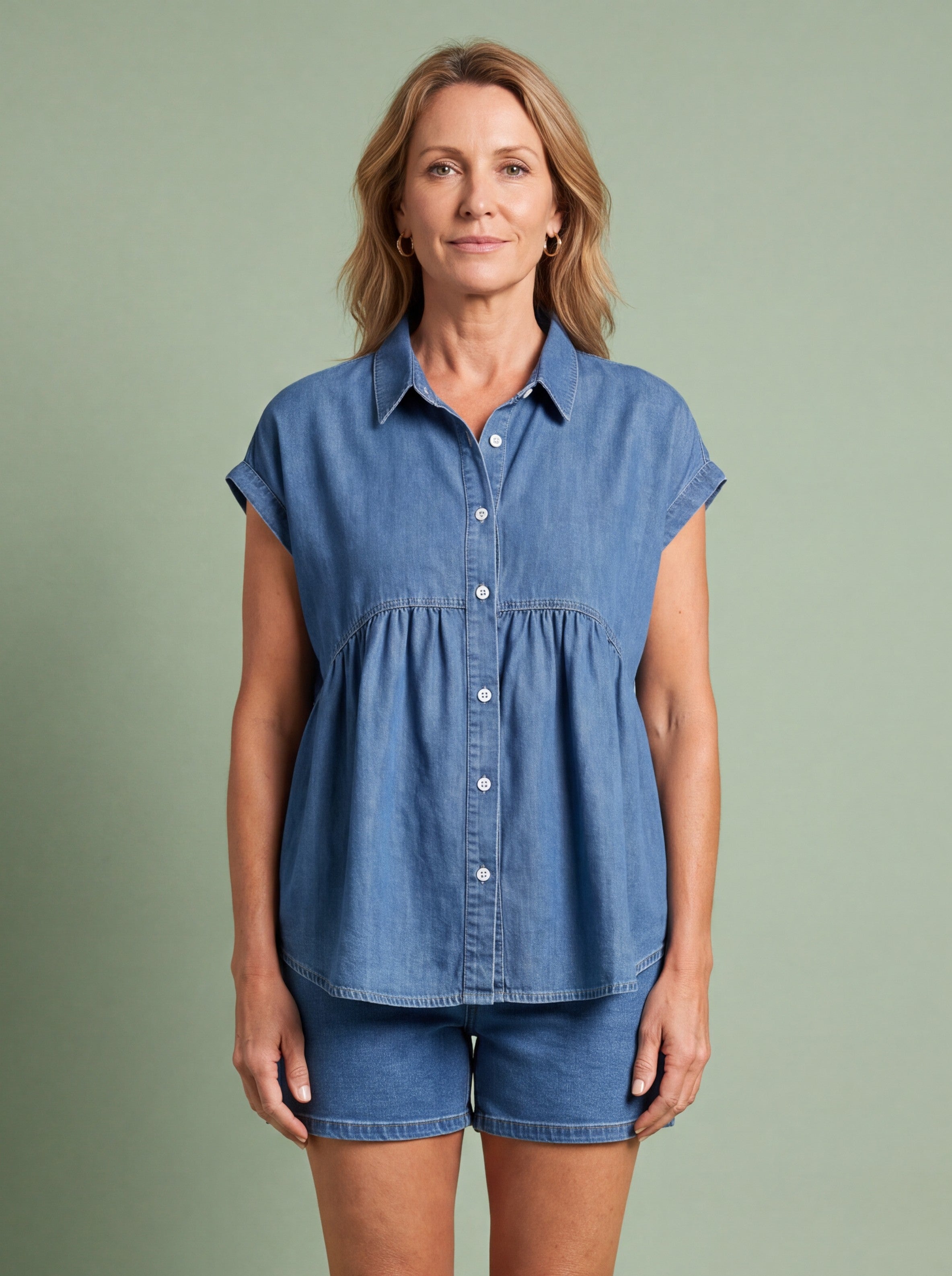 Melba Lane - blue denim look button through blouse, full length studio view, AU women's sizes