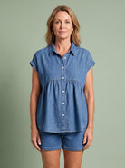 Melba Lane - blue denim look button through blouse, full length studio view, AU women's sizes
