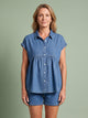 Melba Lane - blue denim look button through blouse, full length studio view, AU women's sizes