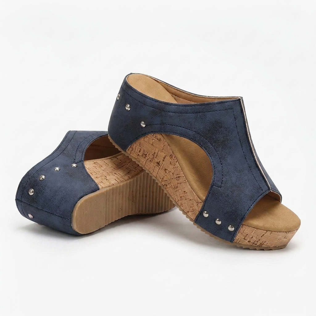 Margo & Main - navy studded cork wedge slide sandals side profile, US women's sizes