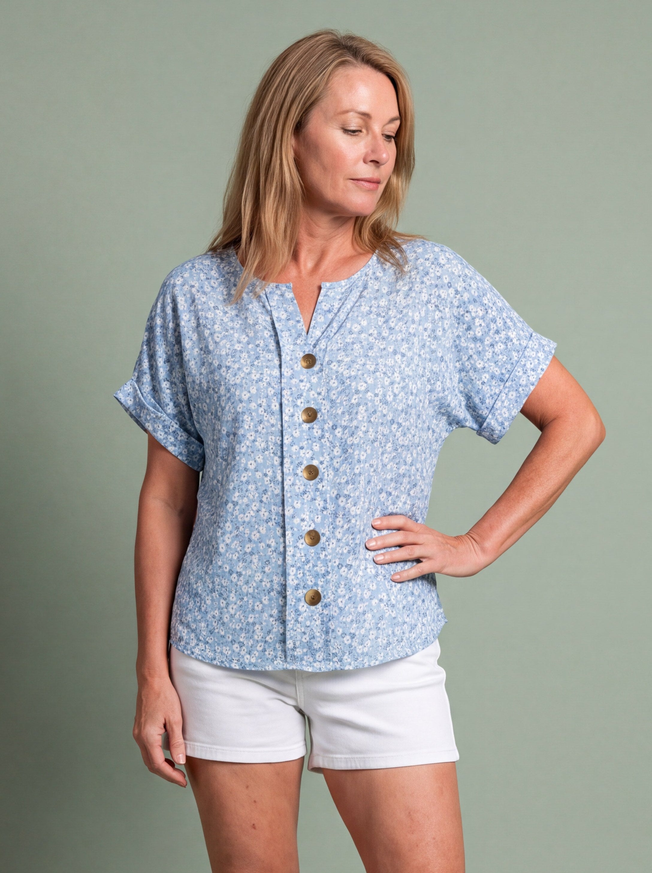 Melba Lane - blue relaxed button through blouse, full length studio view, AU women's sizes