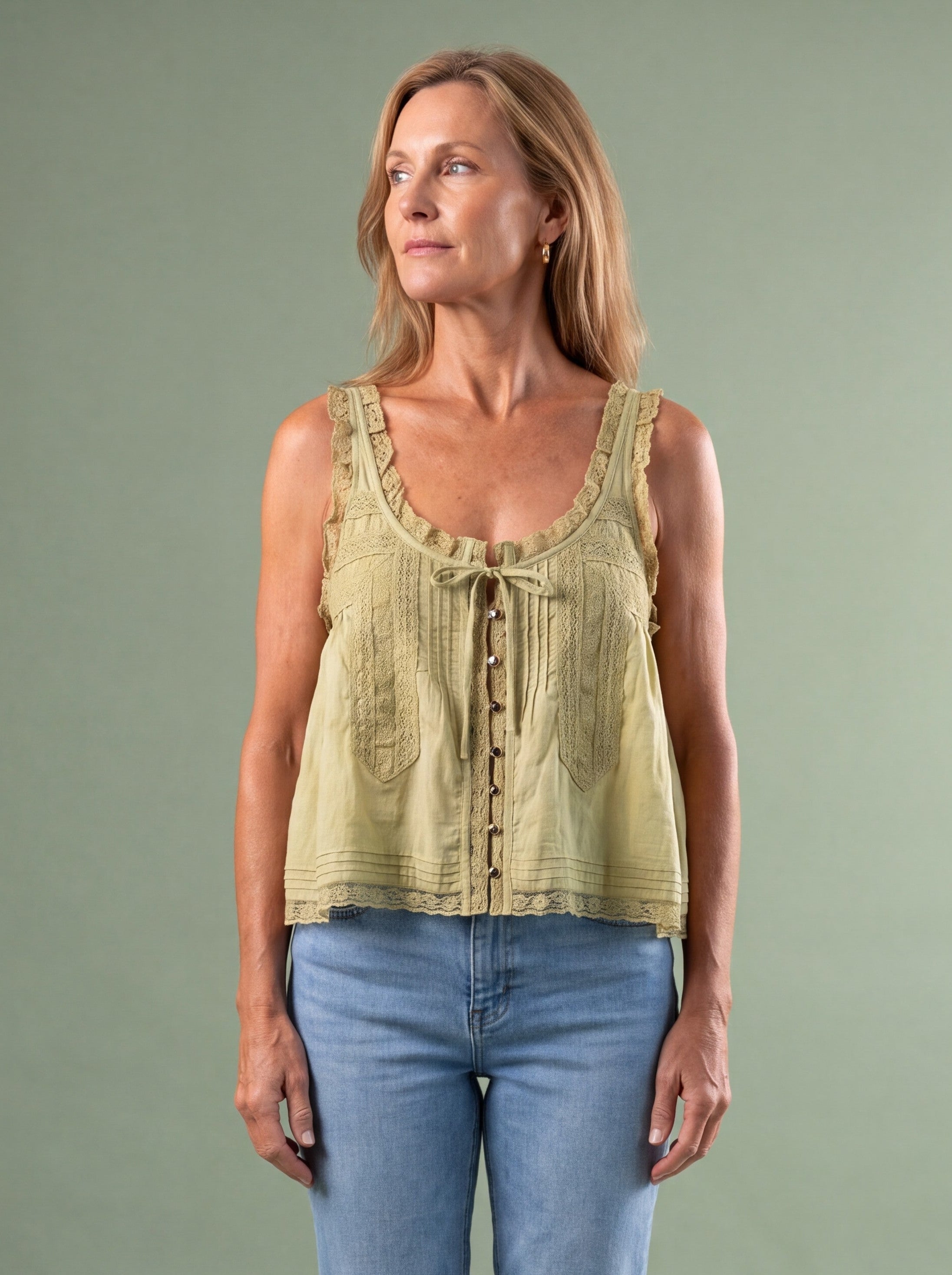 Melba Lane - sage lace trim tie front cami top, full length view, AU women's sizes