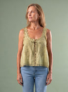 Melba Lane - sage lace trim tie front cami top, full length view, AU women's sizes