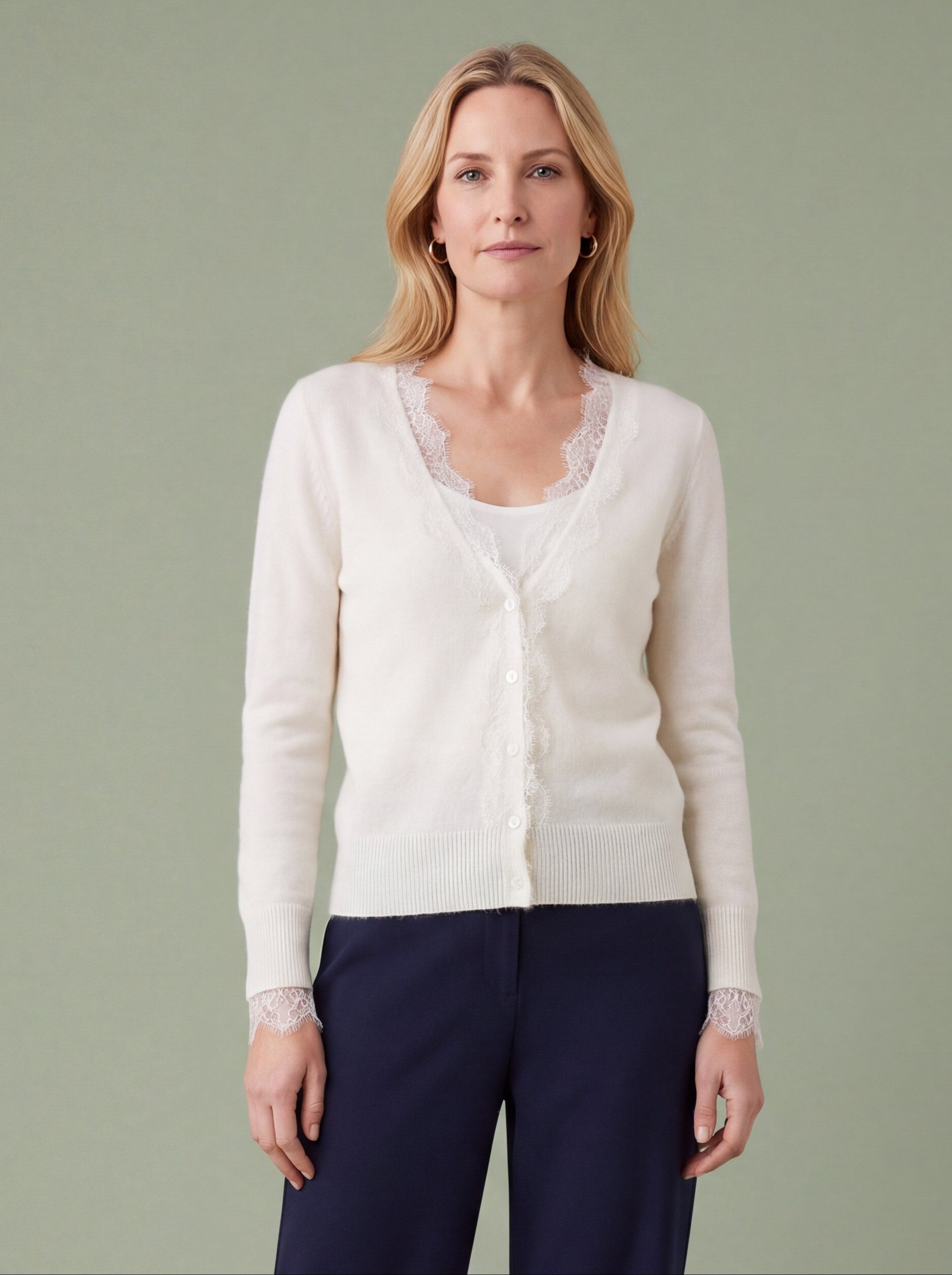 Melba Lane - white fine knit cardigan with lace panels, full length view, AU women's sizes