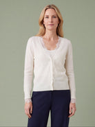 Melba Lane - white fine knit cardigan with lace panels, full length view, AU women's sizes