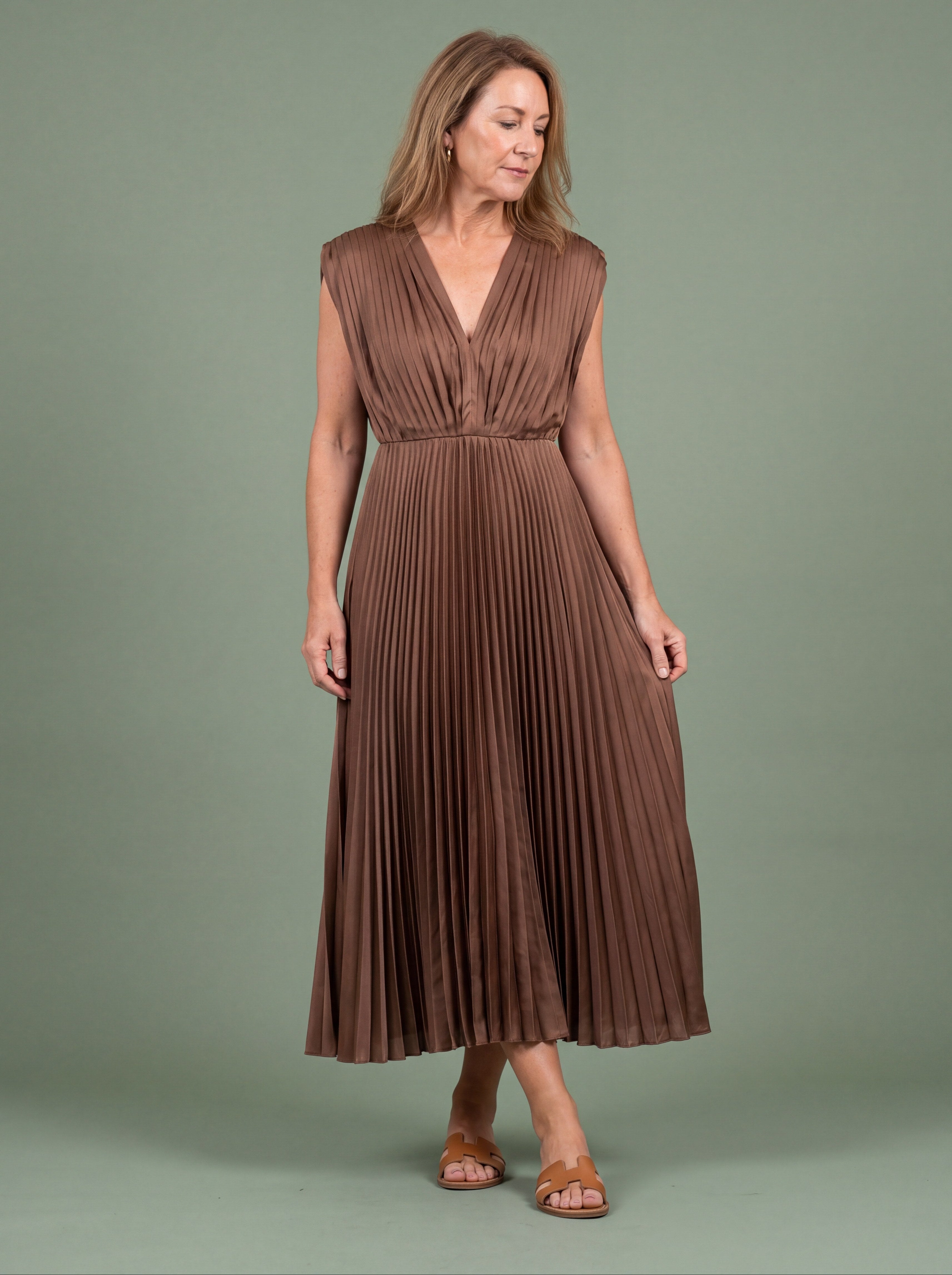 Melba Lane - brown pleated V neck midi dress with deep neckline, full length, AU women's sizes