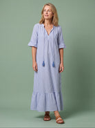 Melba Lane - blue and white tiered print maxi dress, full length view, AU women's sizes