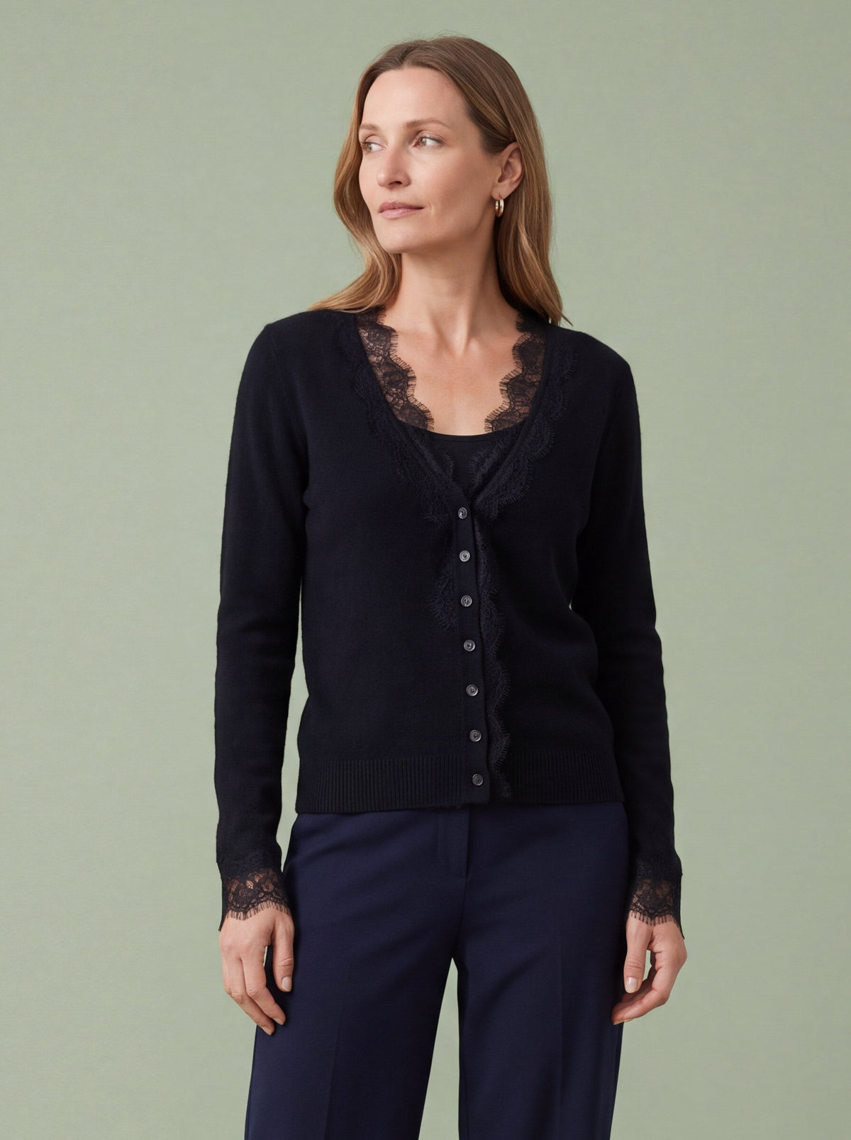 Melba Lane - black fine knit cardigan with lace panels, full length view, AU women's sizes