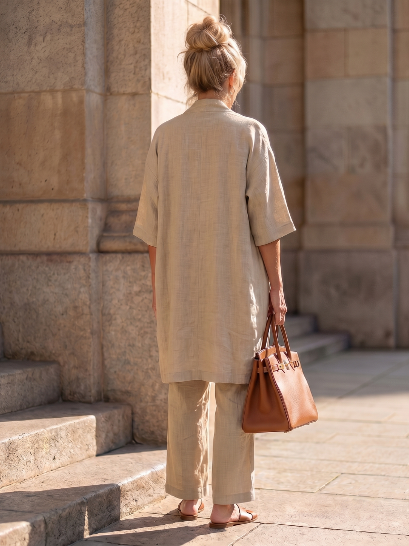 Margo & Main – Yael beige three-piece duster pant set, full back view, US women's sizes