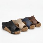 Margo & Main - cork wedge slide sandals in all four colourways lined up, US women's sizes