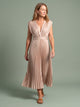 Melba Lane - cream pleated V neck midi dress with deep neckline, full length, AU women's sizes