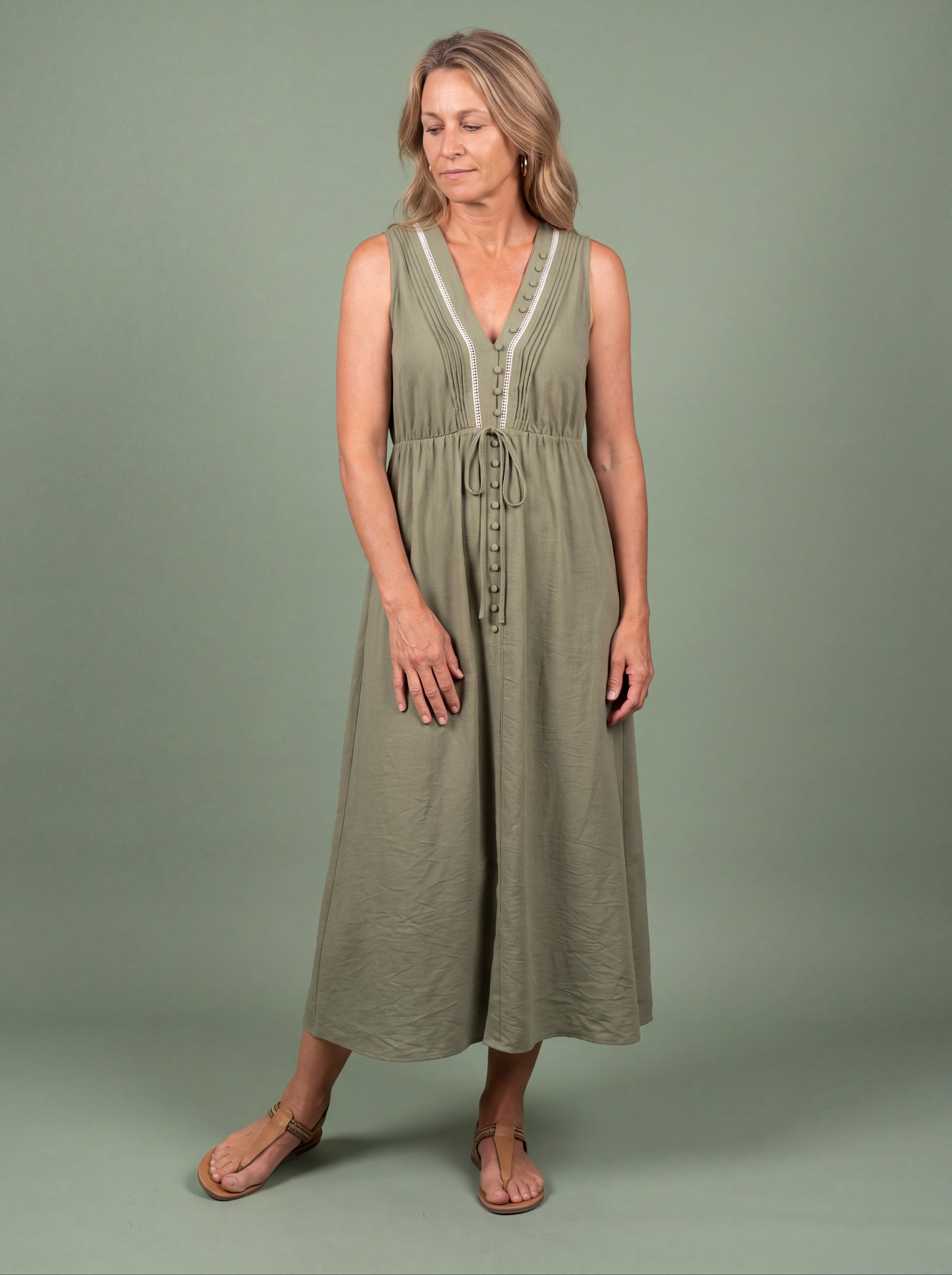 Melba Lane - green sleeveless midi dress with a tie waist, full length view, AU women's sizes