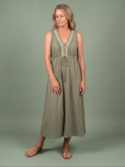 Melba Lane - green sleeveless midi dress with a tie waist, full length view, AU women's sizes