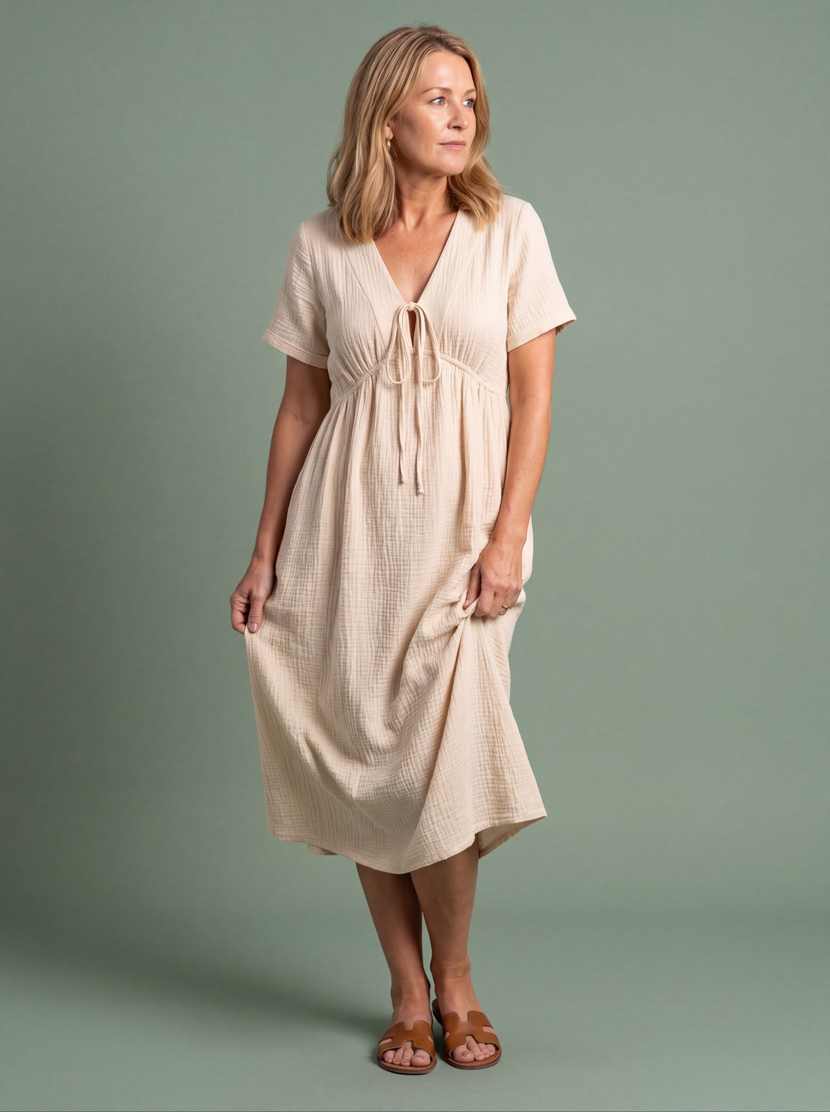 Melba Lane - beige tie front gauze midi dress, full length studio view, AU women's sizes