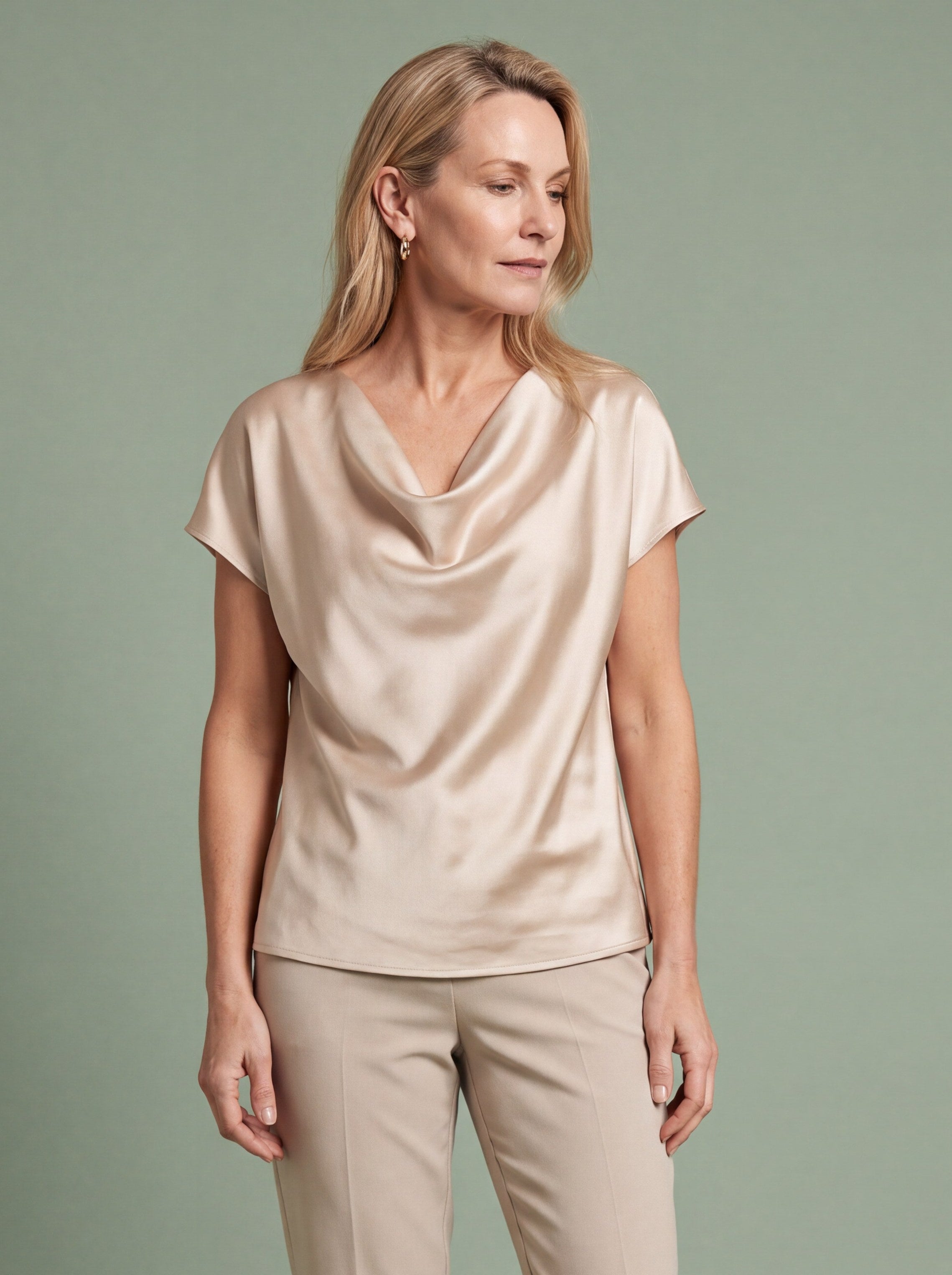 Melba Lane - beige cowl neck satin top with short sleeves, full length view, AU women's sizes