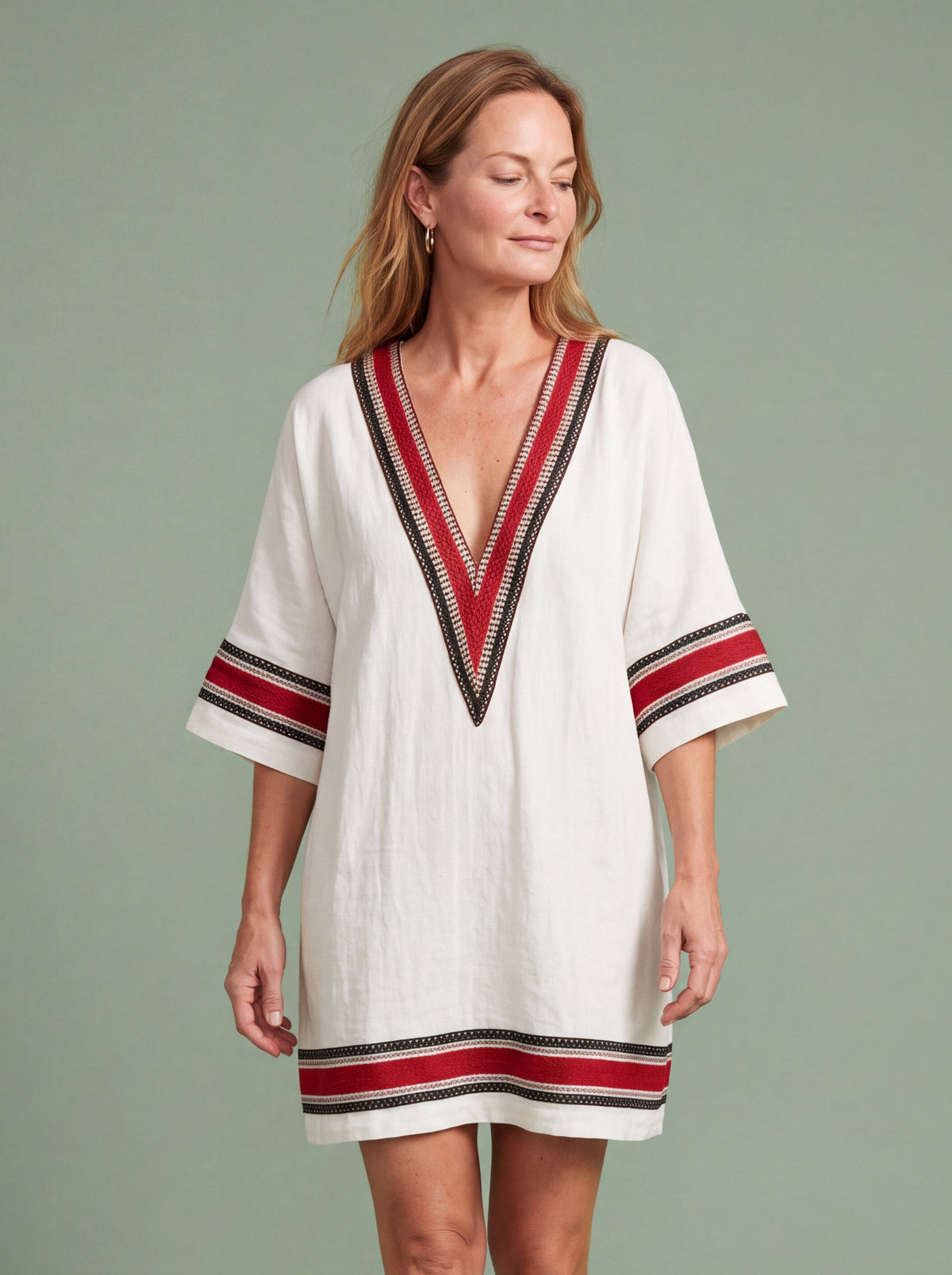 Melba Lane - white woven tunic beach dress with embroidered trim, full length, AU women's sizes