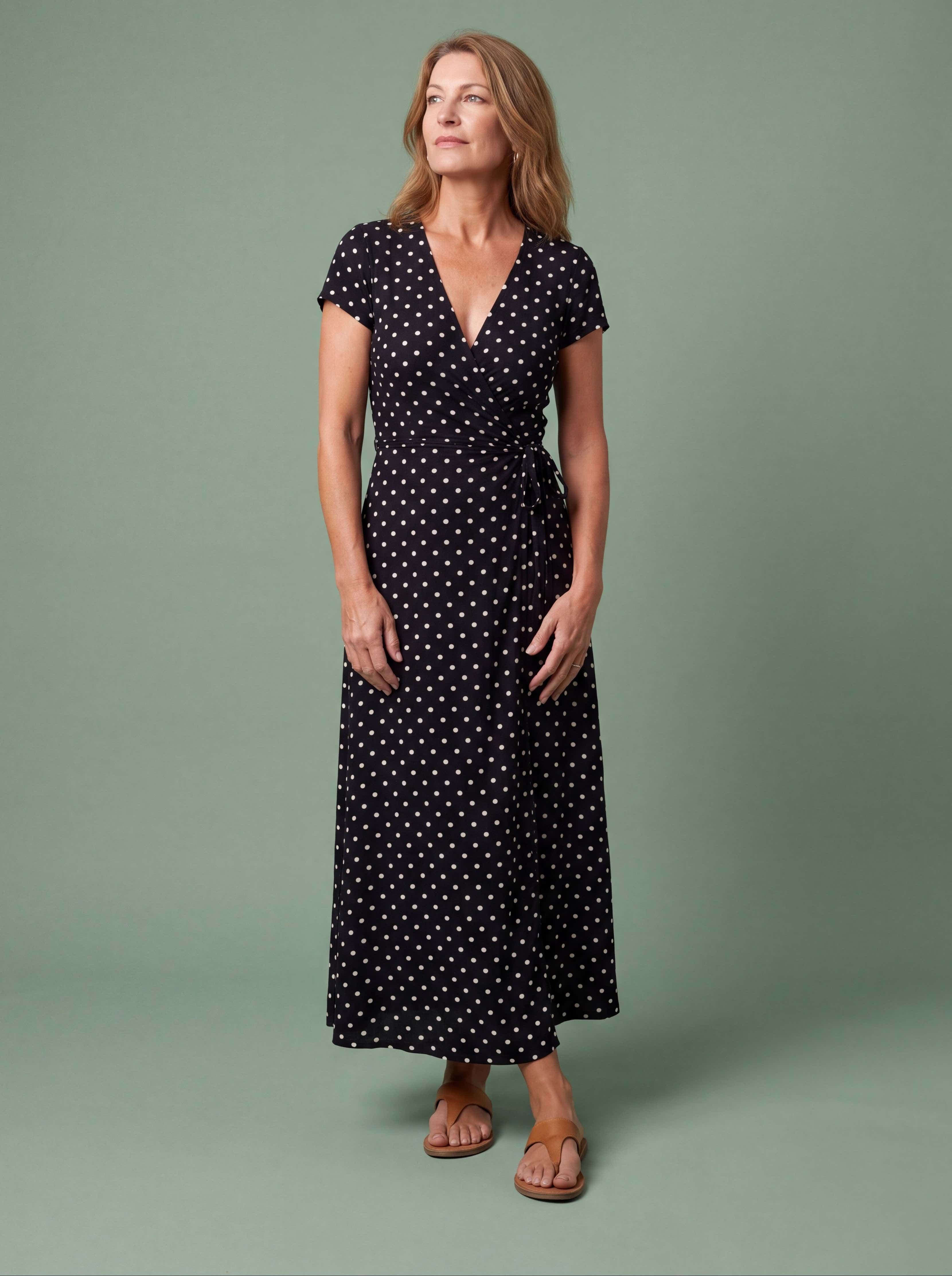 Melba Lane - navy polka dot wrap maxi dress with a tie waist, full length, AU women's sizes