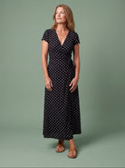 Melba Lane - navy polka dot wrap maxi dress with a tie waist, full length, AU women's sizes