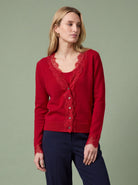 Melba Lane - red fine knit cardigan with lace panels, full length view, AU women's sizes