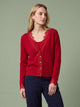Melba Lane - red fine knit cardigan with lace panels, full length view, AU women's sizes