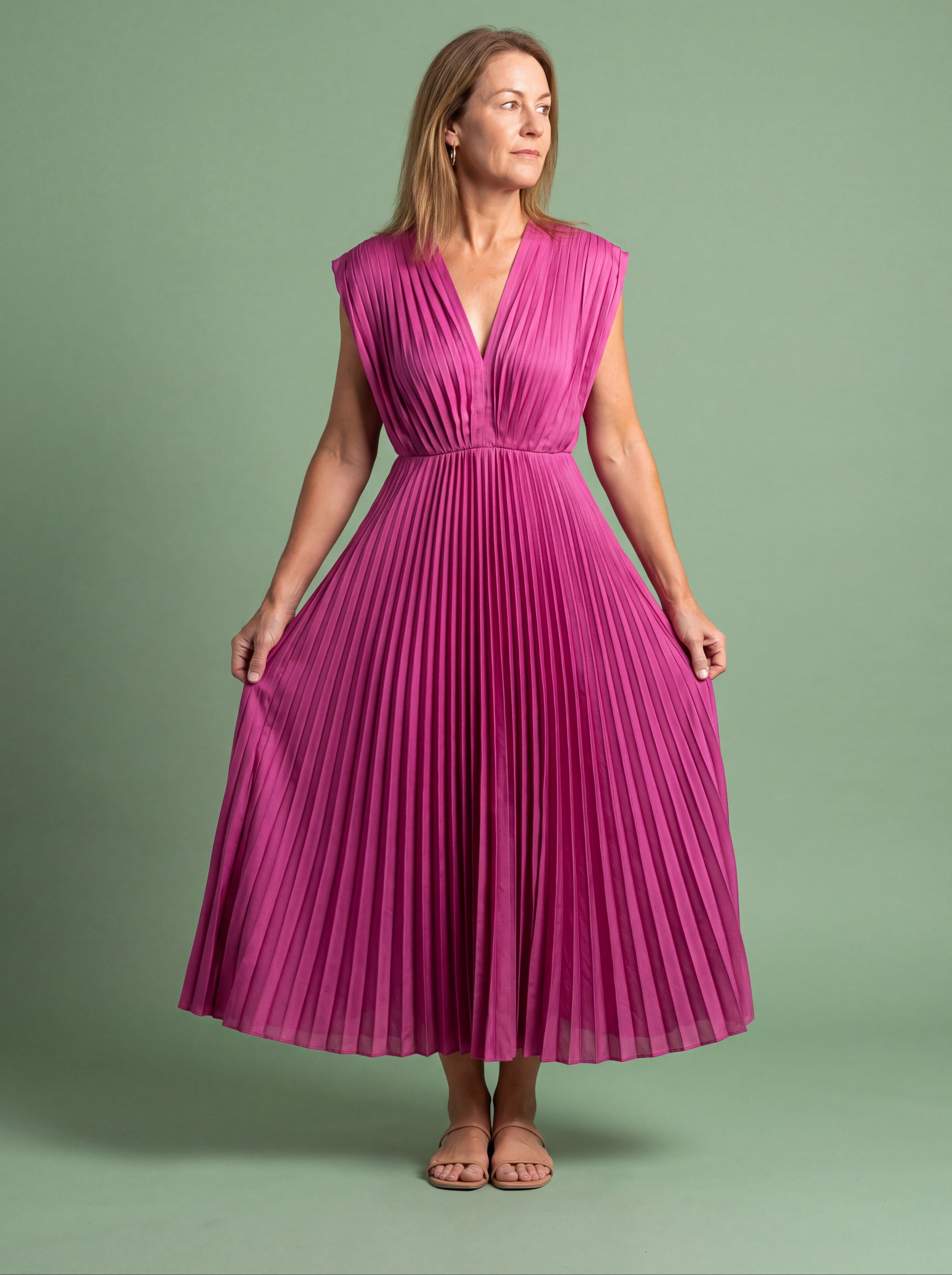 Melba Lane - pink pleated V neck midi dress with deep neckline, full length, AU women's sizes