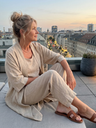 Margo & Main – Yael beige duster pant set worn seated outdoors, fabric drape, US women's sizes
