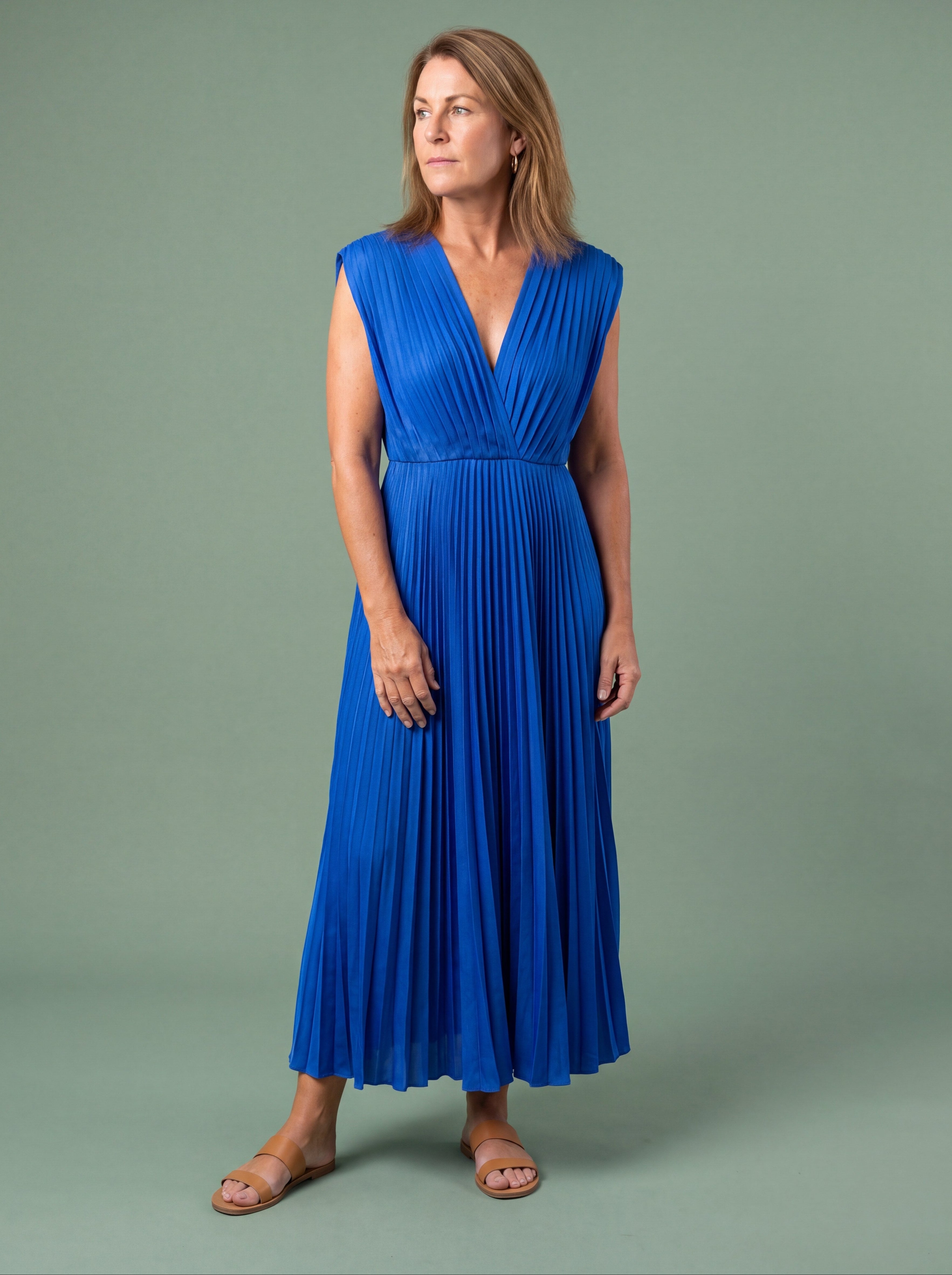 Melba Lane - blue pleated V neck midi dress with deep neckline, full length, AU women's sizes