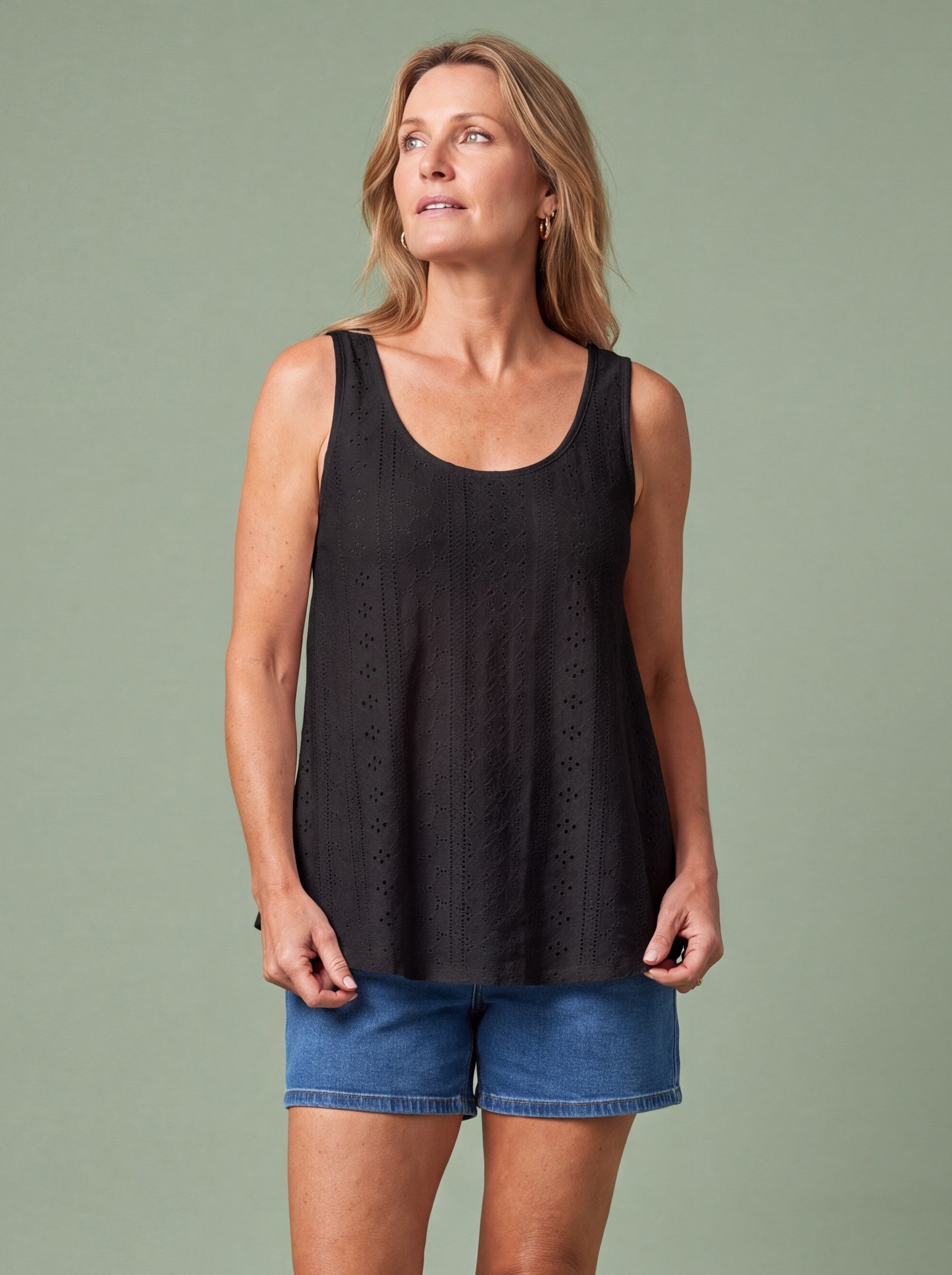 Melba Lane - black eyelet detail swing tank top, full length studio view, AU women's sizes
