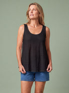 Melba Lane - black eyelet detail swing tank top, full length studio view, AU women's sizes