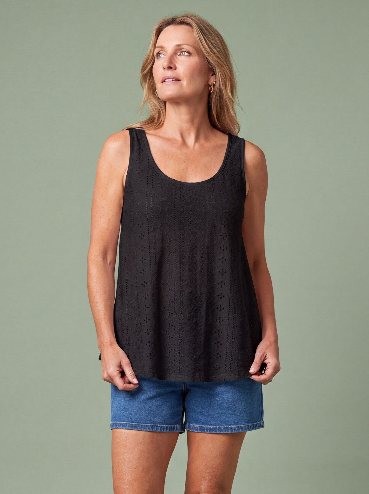 Melba Lane - black eyelet detail swing tank top, full length studio view, AU women's sizes