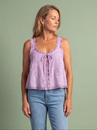 Melba Lane - lilac lace trim tie front cami top, full length view, AU women's sizes