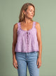 Melba Lane - lilac lace trim tie front cami top, full length view, AU women's sizes