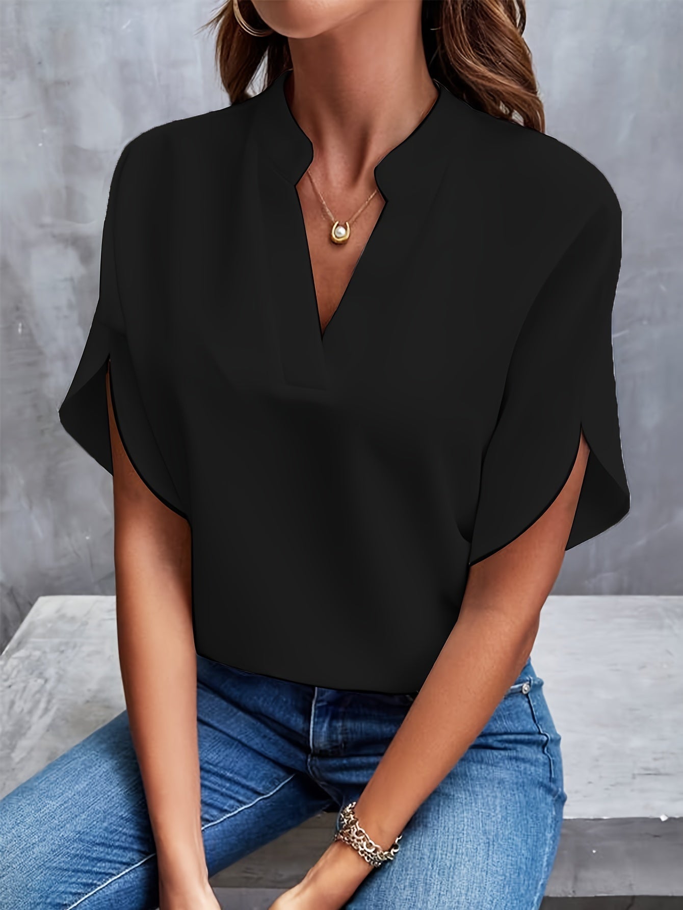 Laurel Split Neck Flutter Sleeve Blouse