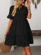 Margo & Main – Vianne black textured tiered short-sleeve dress, front view close on the flounce sleeve, US women's sizes