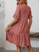 Margo & Main – Vianne dusty rose textured tiered short-sleeve dress, cropped view of the tiered skirt and ruffle cuff, US women's sizes