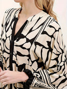 Margo & Main – cream and black print maxi dress V-neck placket and cuff, US women's sizes