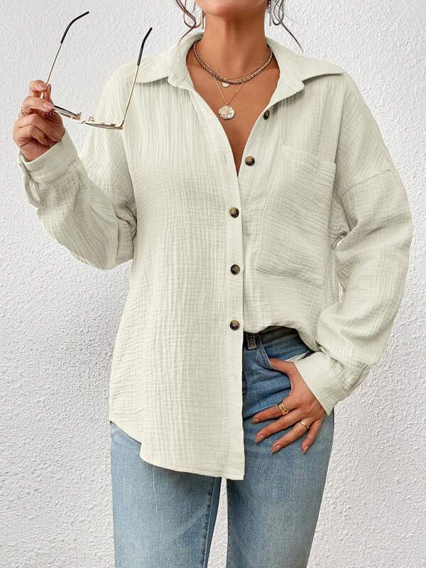 Margo & Main – lightweight cotton gauze button-up shirt, back view, US women's sizes