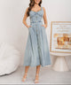 Margo & Main – blue button-front denim midi dress, front view, US women's sizes